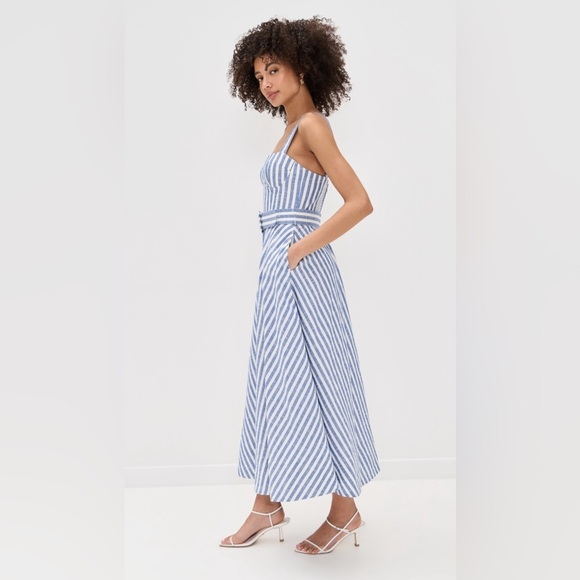 NEW Cara Cara Calypso Midi Dress Ivory Blue Striped Seersucker | US 6 UK 10 - Picture 3 of 14